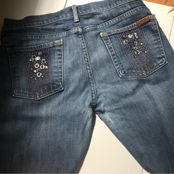 7 FOR ALL MANKIND Women's Washed Blue Studded Flared Low Rise Jeans Size 30 - Picture 14 of 15